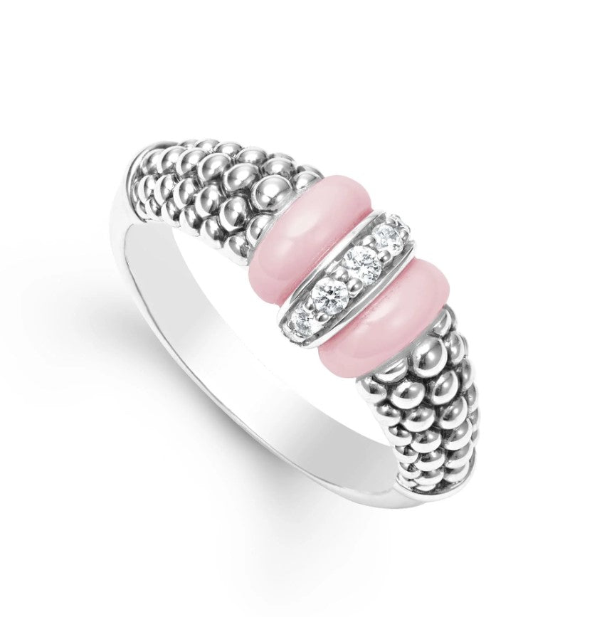 Sterling Silver Pink Ceramic Caviar Diamond Link Ring, size 7 & by LAGOS