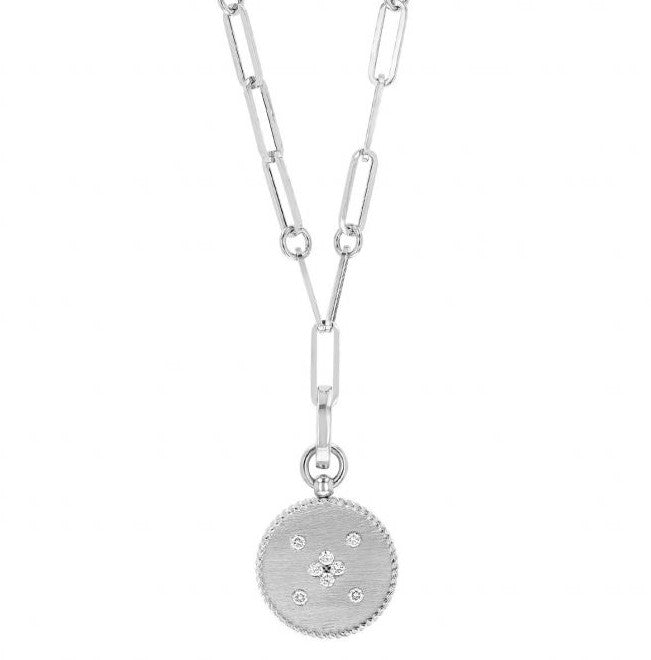 18K WG VENETIAN PRINCESS DIAMOND & SATIN FINISH SMALL MEDALLION NECKLACE BY ROBERTO COIN