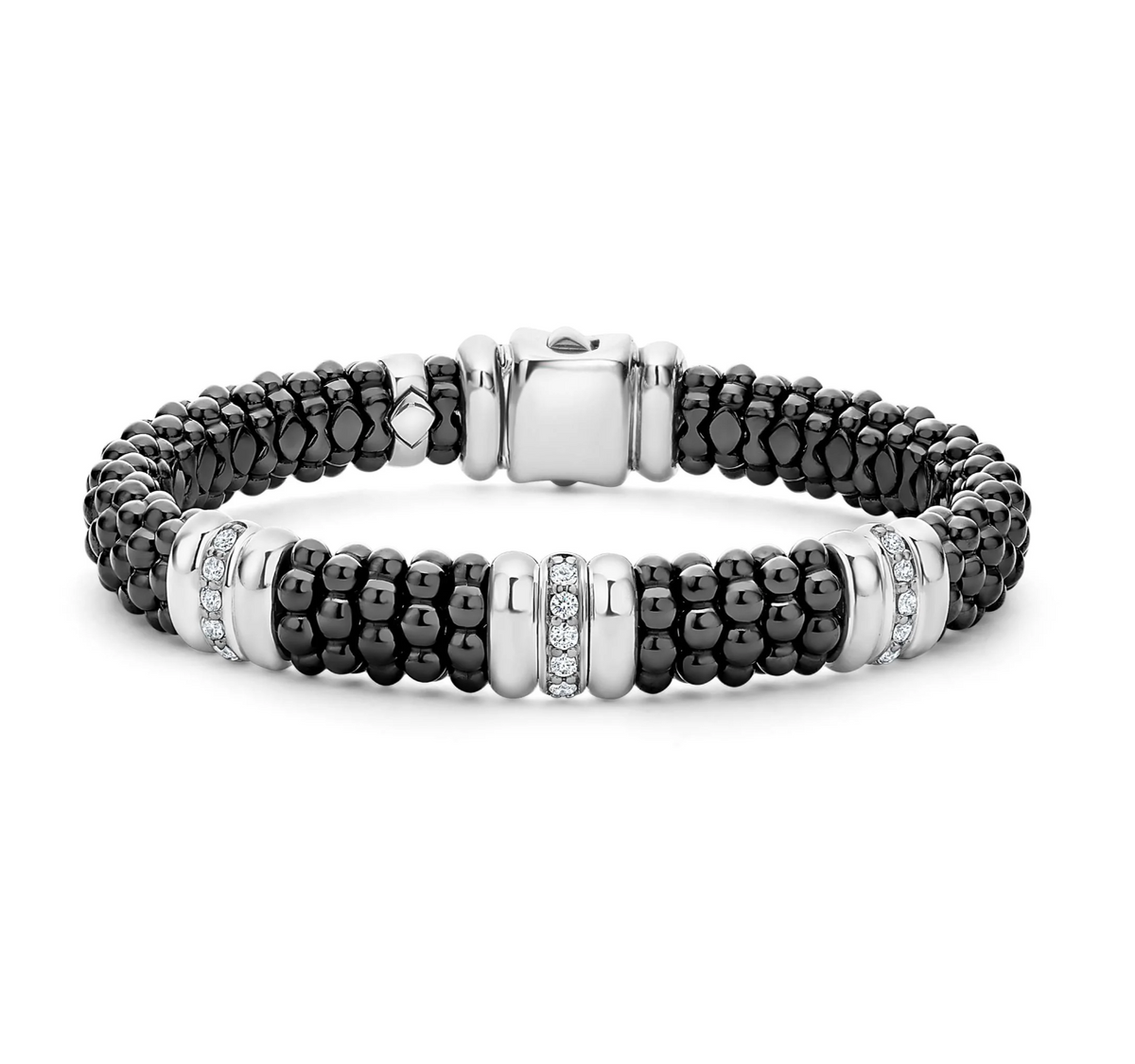 SS/18k Black Caviar Black Ceramic 3 Stations with Single Diamond Row 9mm Bracelet by LAGOS Main image