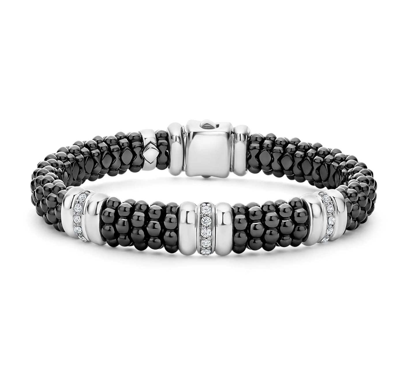 SS/18k Black Caviar Black Ceramic 3 Stations with Single Diamond Row 9mm Bracelet by LAGOS Main image