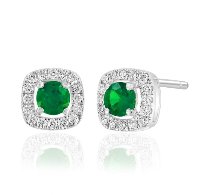 14K WG Emerald & Diamond Cushion Halo Studs by David Kord