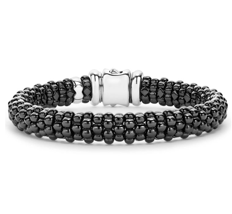 SS/18K Black Caviar Black Ceramic Bead 9mm RP Bracelet by LAGOS Sz M