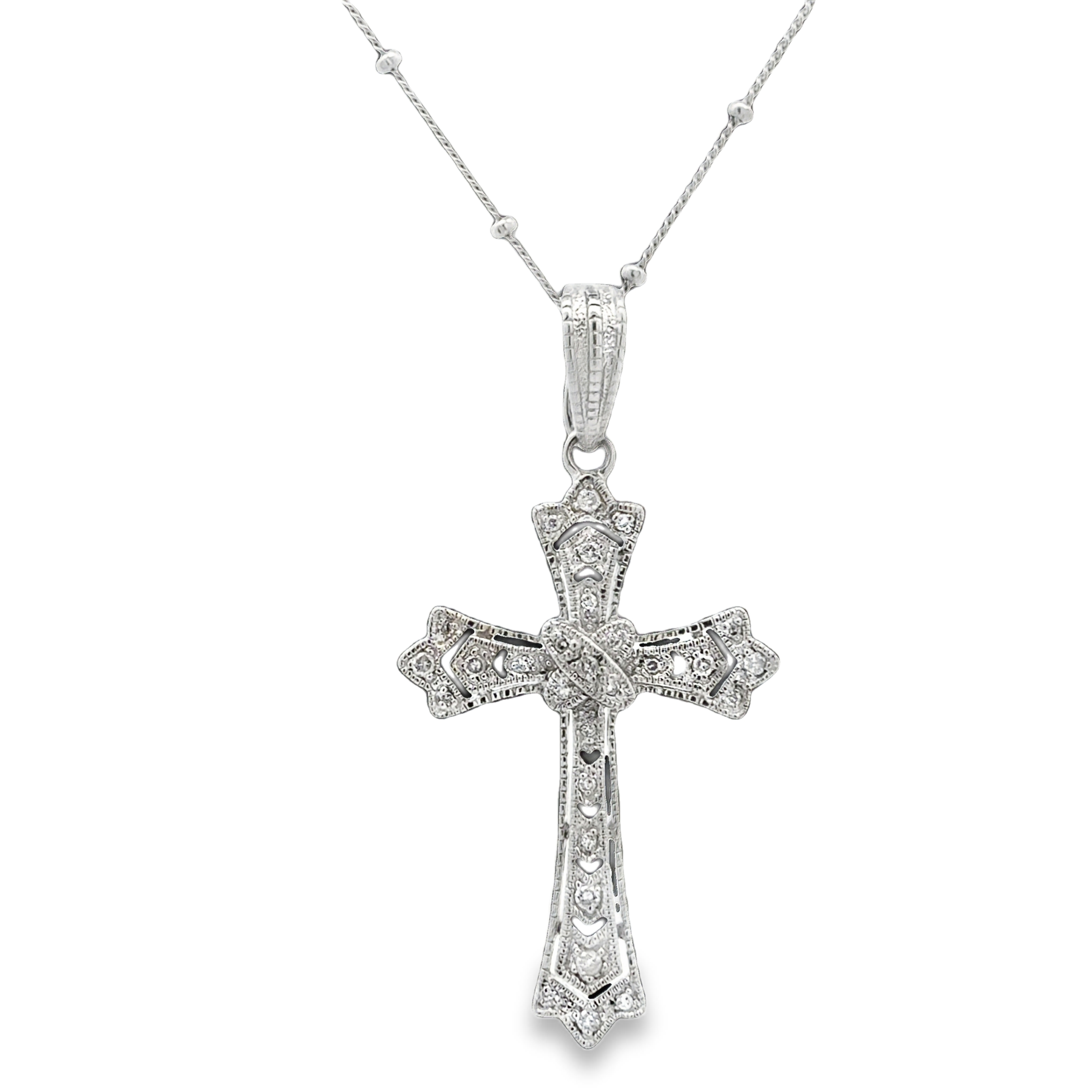 Sterling Silver Diamond Cross Pendant on Satellite Beaded Chain *Estate Item Sold as is, Final Sale* Main image
