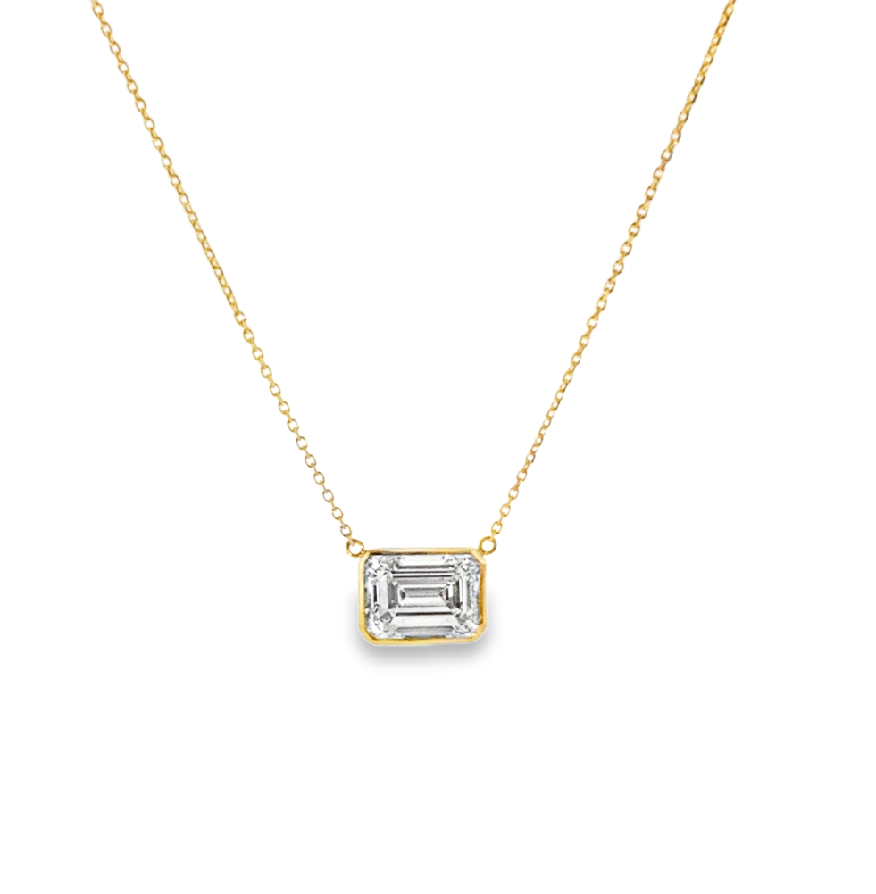 14K Yellow Gold East-West Bezel Set Emerald Cut Lab Diamond Pendant Necklace Main image
