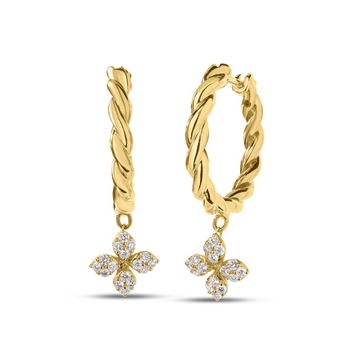 18k Yellow Gold Diamond Love in Verona Flower Drop Hoops by Roberto Coin