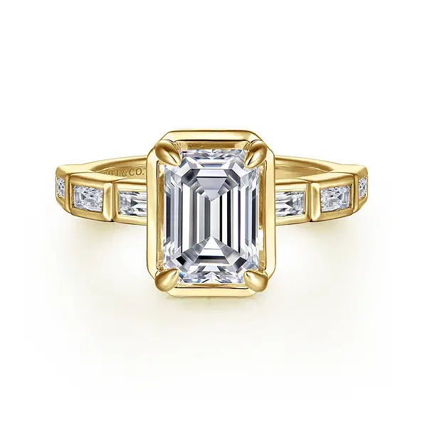 14K YG "Delphe" Bezel Set Emerald Cut Engagement Semi-Mount by Gabriel NY