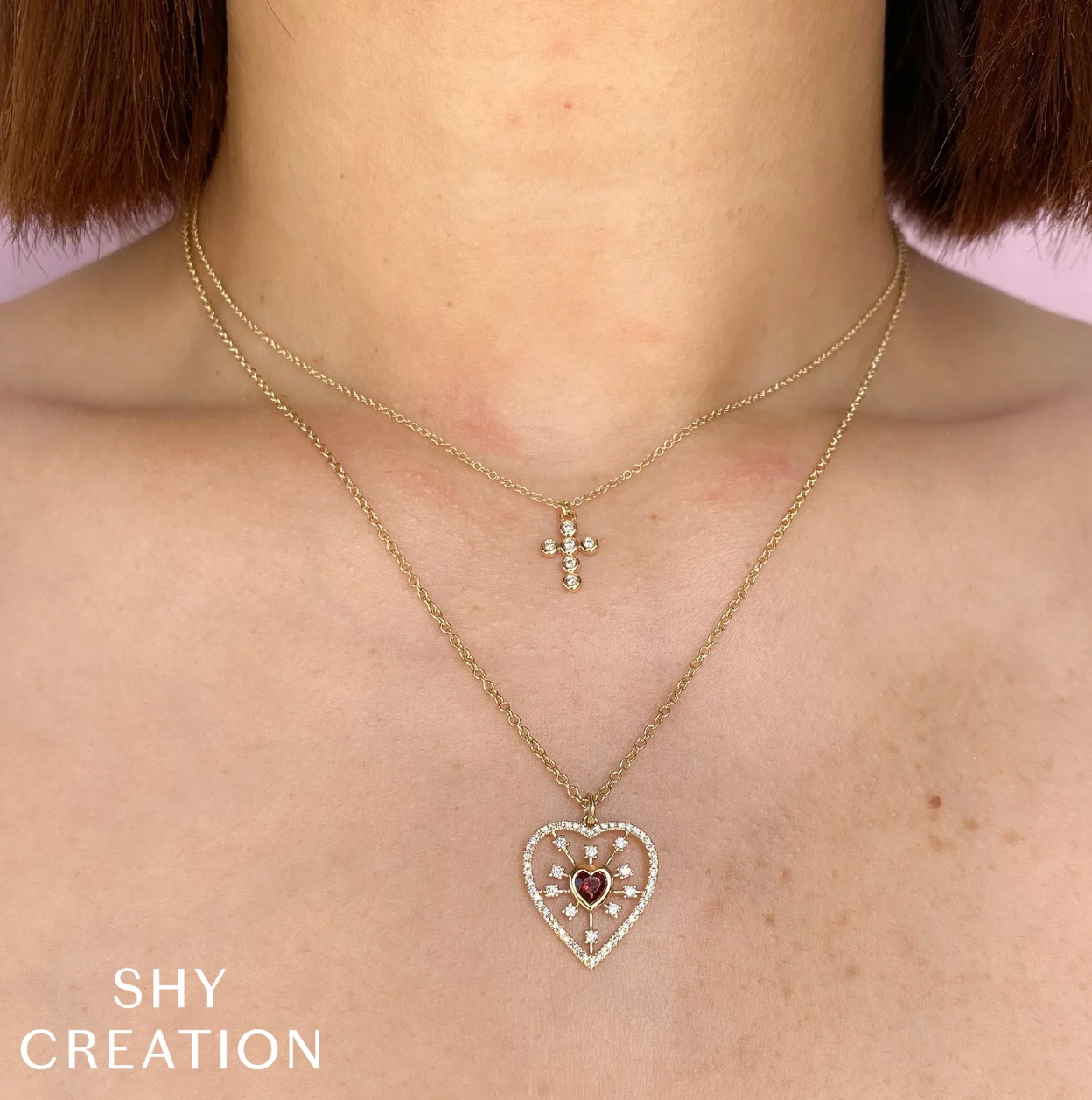 14K YG Diamond & Garnet Heart Bezel Pendant Necklace by Shy Creation