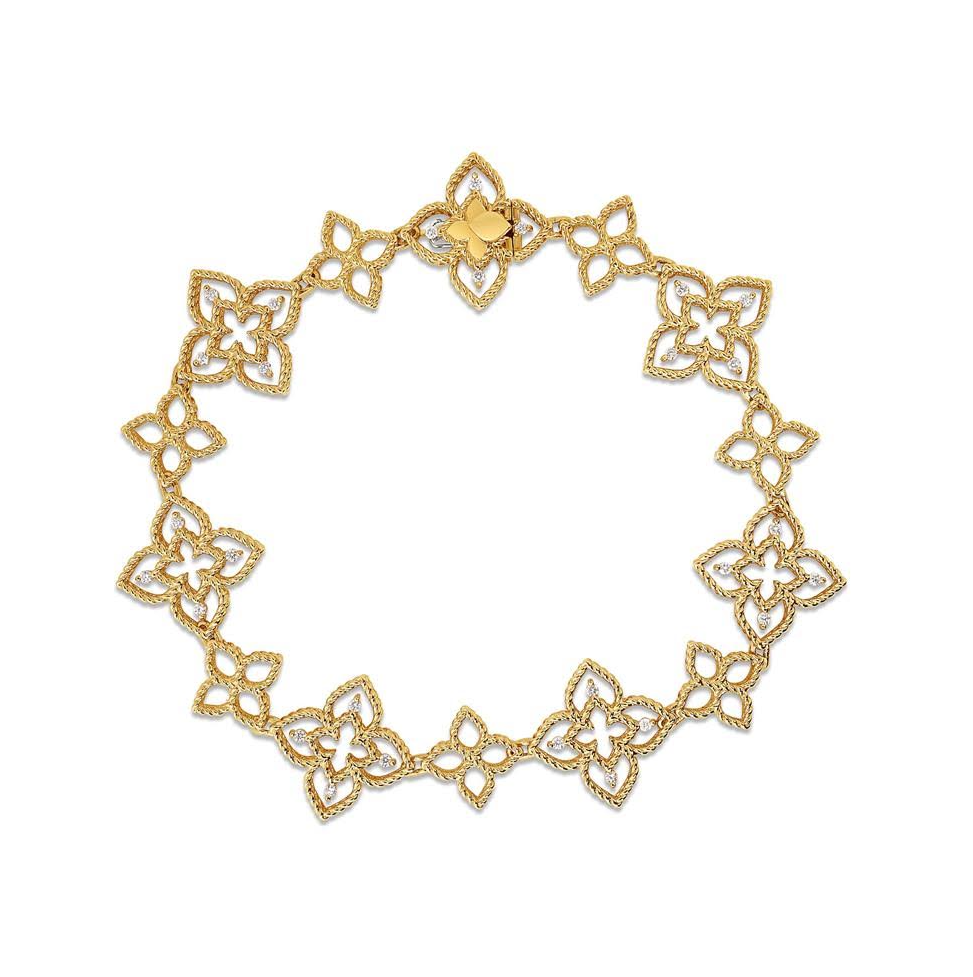 18K Yellow Gold Diamond Alternating Open Frame Princess Flower Bracelet by Roberto Coin