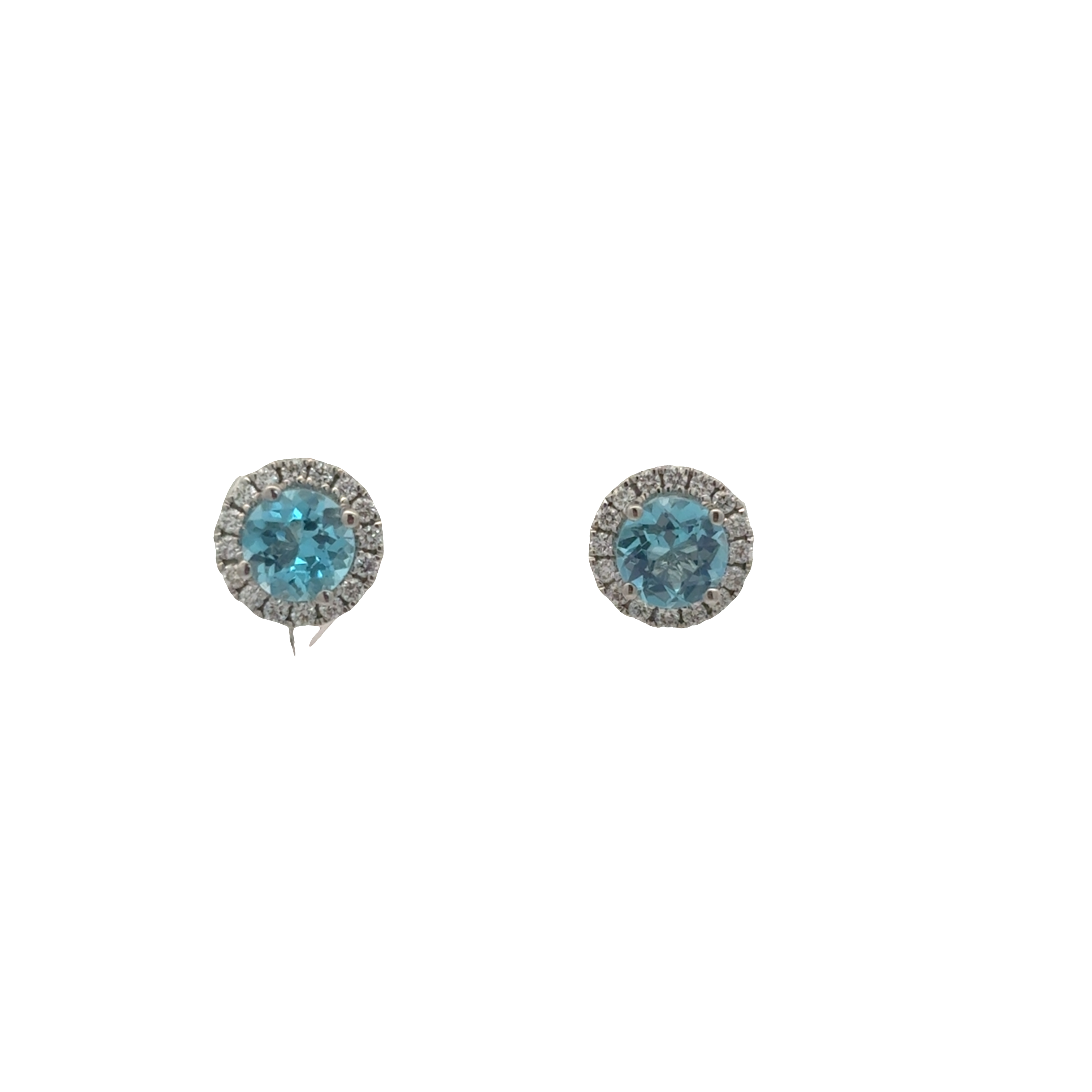 18K WG Round 5mm Blue Topaz & 1/5cttw Diamond Halo Studs
