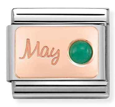 Stainless Steel & 9K Rose Gold May Emerald Birthstone Charm