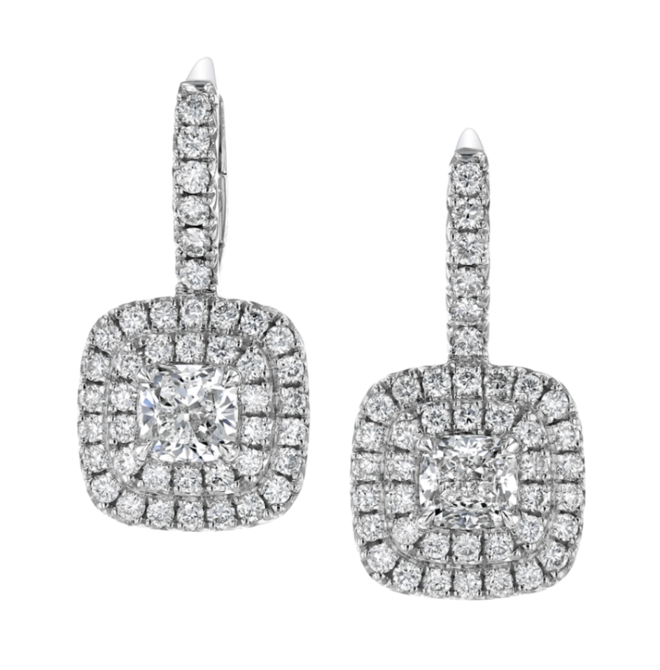 18K White Gold Diamond Cushion Halo Leverback Earrings by Joshua J