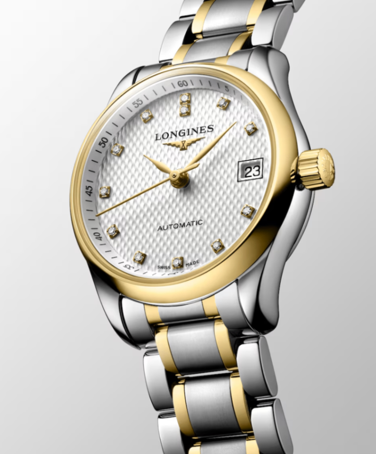 Longines Master Stainless Steel & 18K Yellow Gold 25mm Ladies Watch in Silver Barleycorn with Diamond Markers