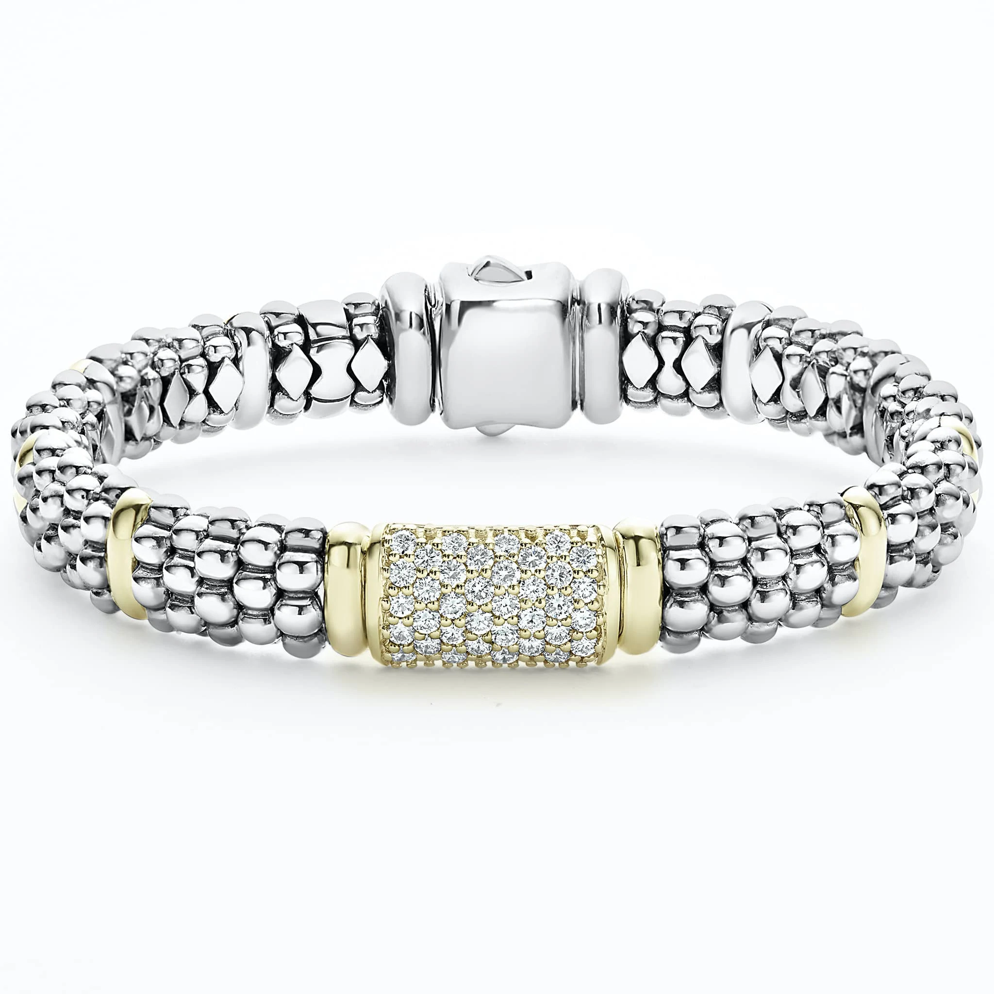 SS/18k Signature Caviar Diamond Center & Gold Stations 9mm Rope Bracelet
