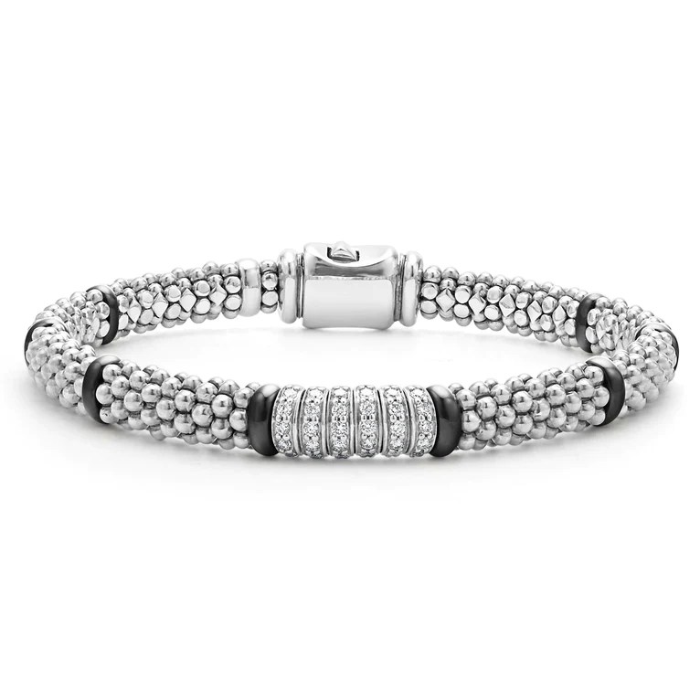 SS Black Caviar Black Ceramic 0.30cttw Diamond 6 Link Rvrs 6mm Rope Bracelet. Sz 7. by Lagos Main image