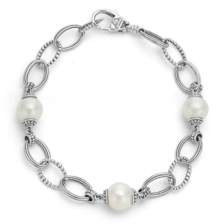 Sterling Silver Luna Pearl & Caviar Fluted Oval Adjustable Link Bracelet by Lagos Main image