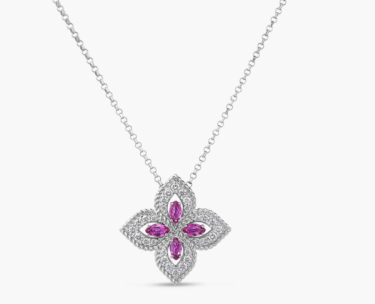 18K White Gold Diamond & Pink Sapphire Princess Flower Necklace by Roberto Coin Main image