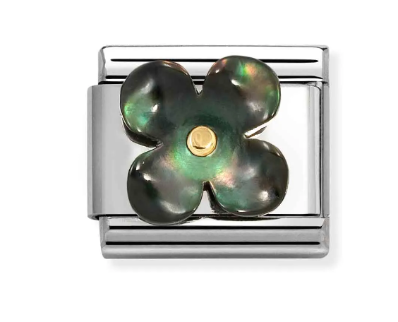 Stainless Steel & 18K Yellow Gold Black Mother of Pearl Flower Charm Main image
