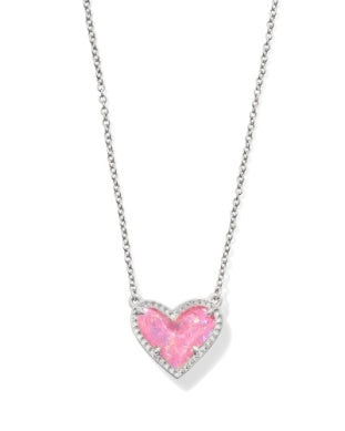 Rhodium Plated Ari Heart Short Pendant Necklace in Pink Iridescent Glitter by Kendra Scott