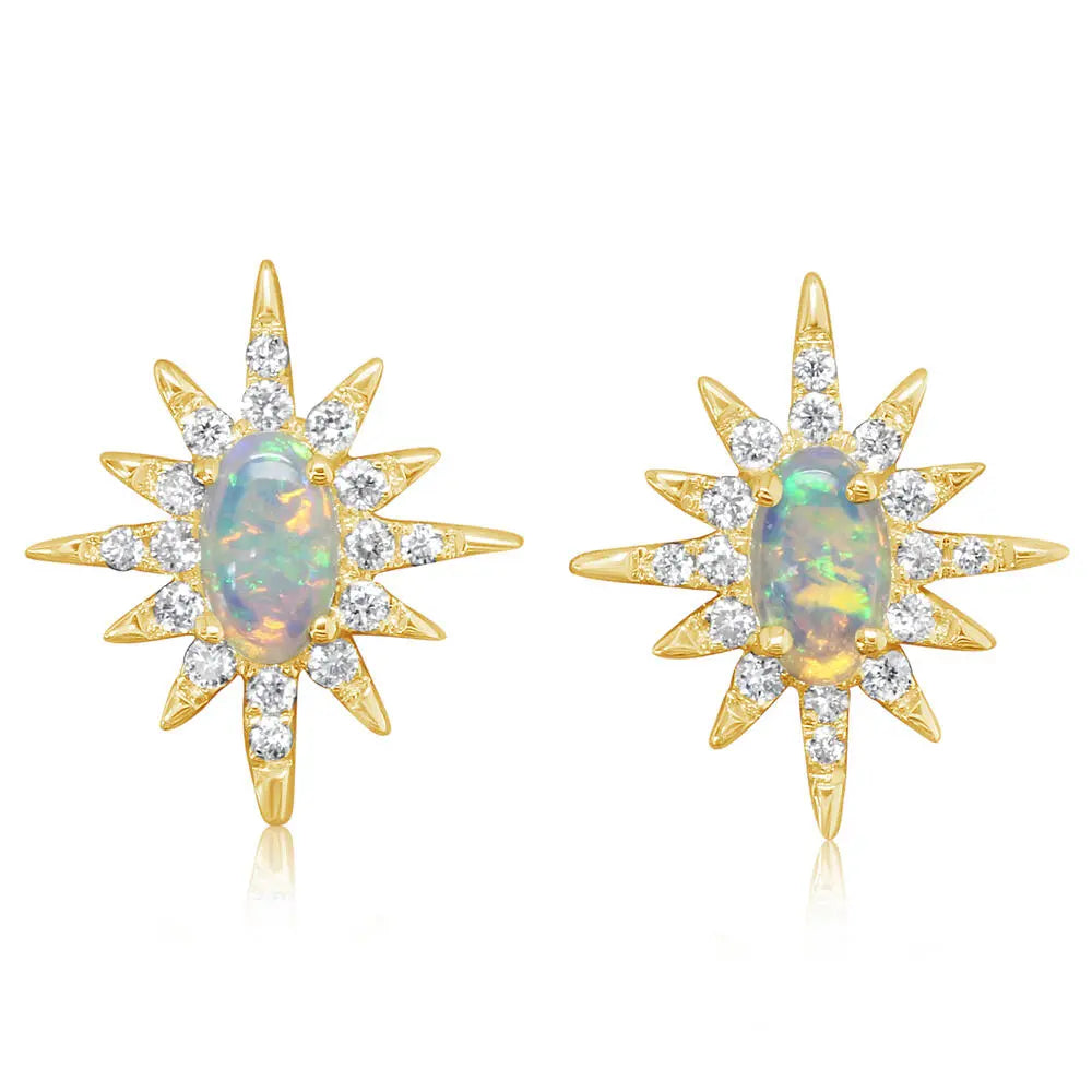 14K YG Australian Opal & Diamond Star Stud Earrings