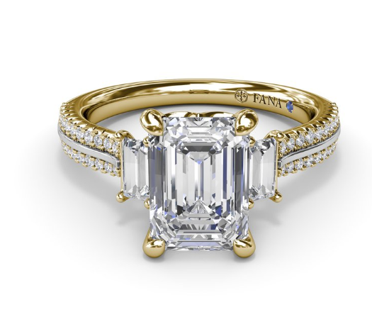 14K YG Emerald Cut Three-Stone & Diamond Shank Semi-Mount by Fana