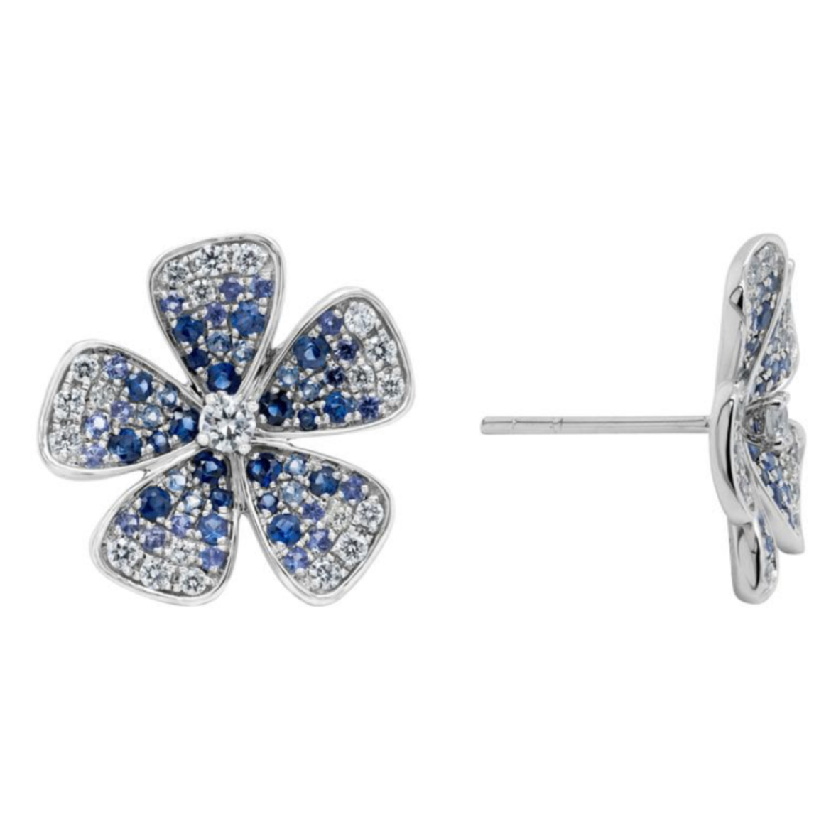 14K White Gold Diamond & Sapphire Large Ombre Flower Studs