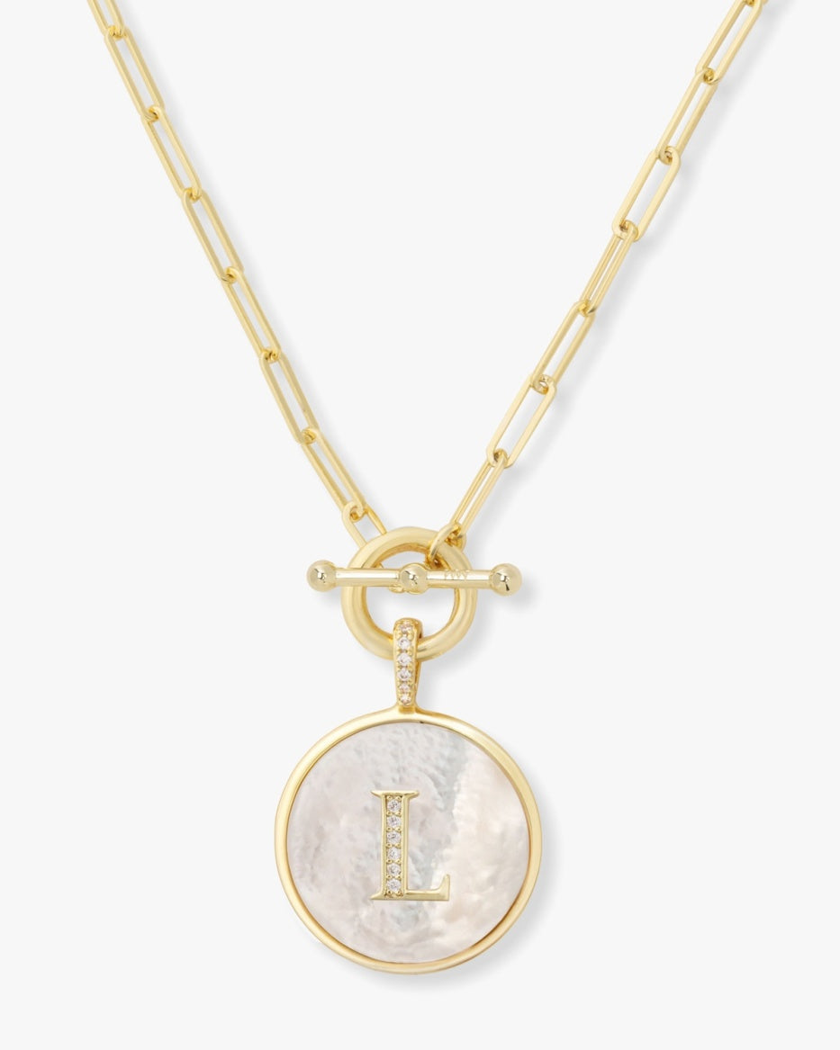 18K Gold Plated "L" Love Letters Medallion Necklace in MOP & White CZ by Melinda Maria Main image