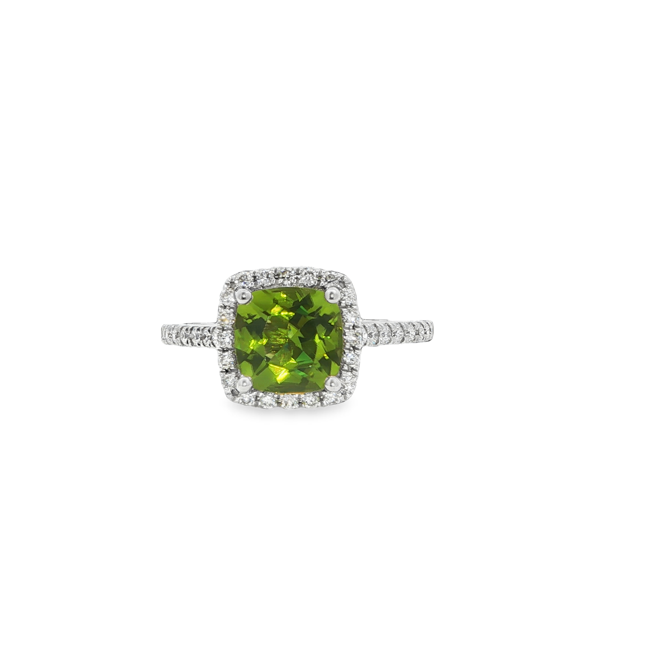 14K White Gold Cushion Cut Peridot Halo Ring with 36 Round Diamonds