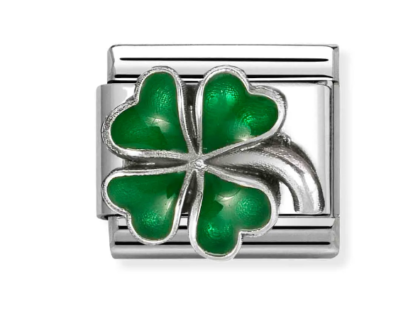 Stainless Steel & Sterling Silver Green Enamel Clover Charm