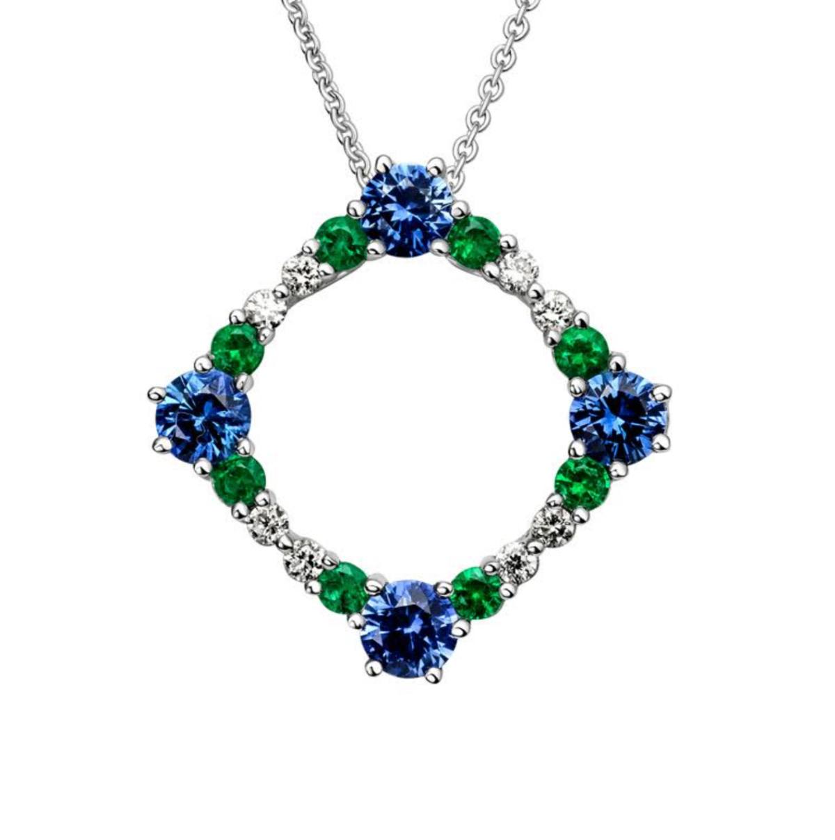 14K White Gold Sapphire, Emerald, & Diamond Open Circle Pendant Necklace