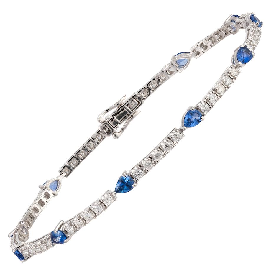 18K WG Diamond & Pear Shape Blue Sapphire Station Tennis Bracelet Main image