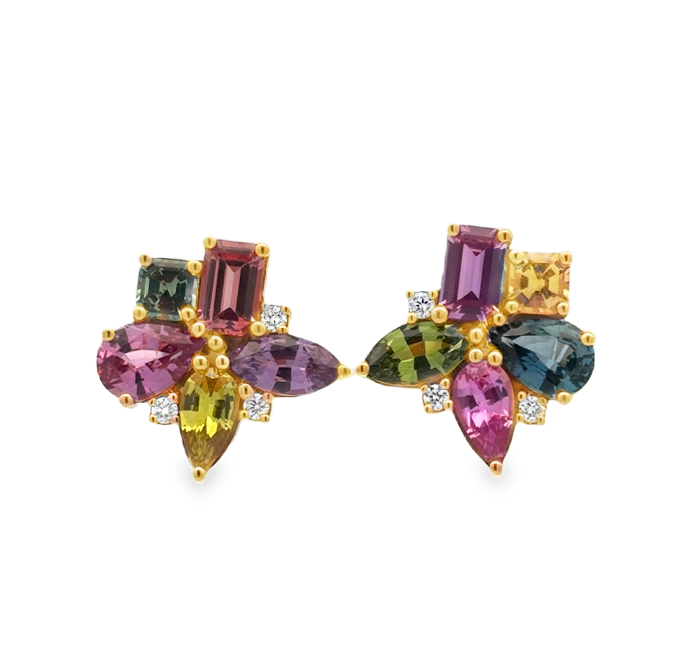 18K YG Multi Shape Sapphire & Diamond Accent Cluster Studs by Erica Courtney