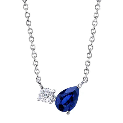 14K WG Pear Sapphire & Diamond 2-Stone Pendant Necklace by Shy Creation
