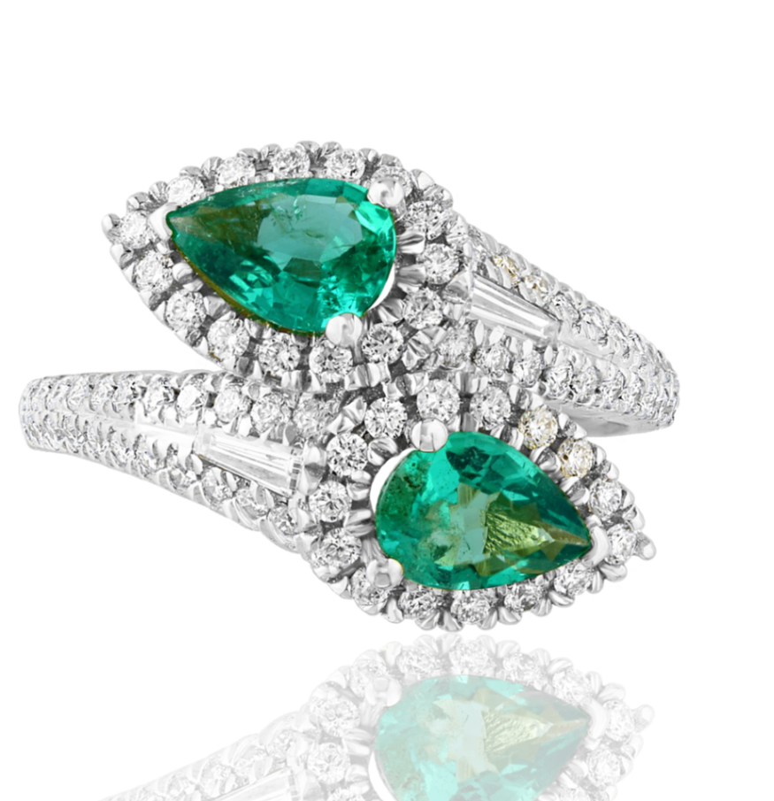 14K White Gold Pear Emerald & Diamond Bypass 2-Stone Ring Main image