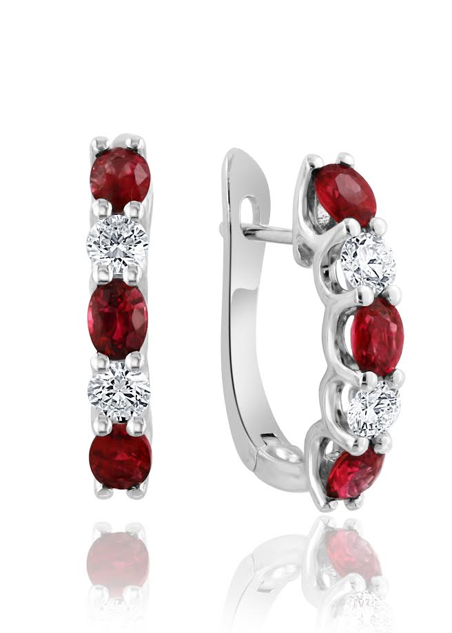 14K WG Oval Ruby & Round Diamond Alternating Hoops by David Kord