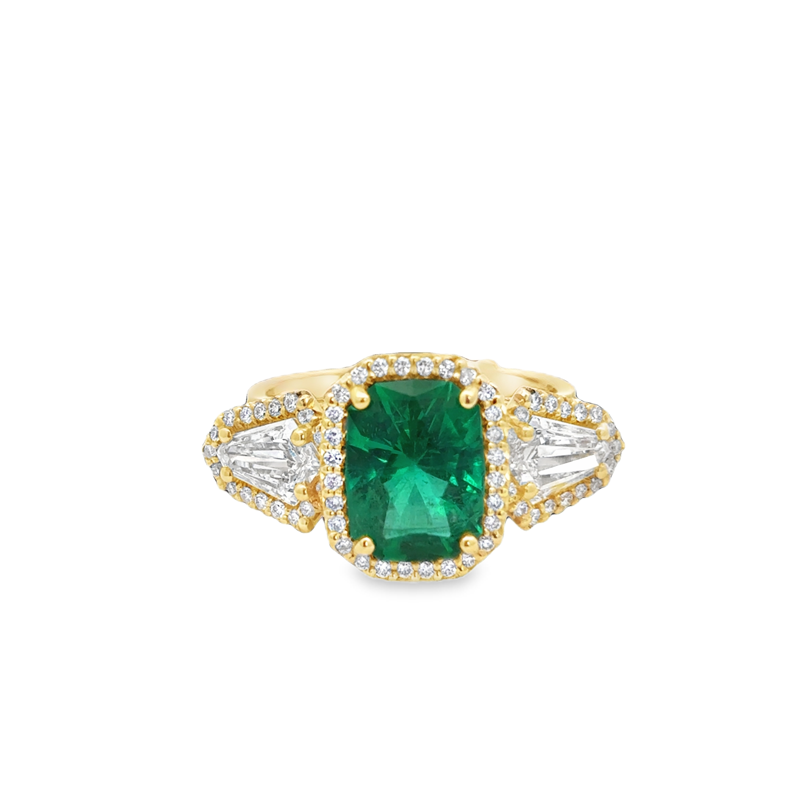 18K YG 3-Stone Cathedral Ring Panjshir Emerald Center & Diamond Bullet Sides by Erica Courtney Main image