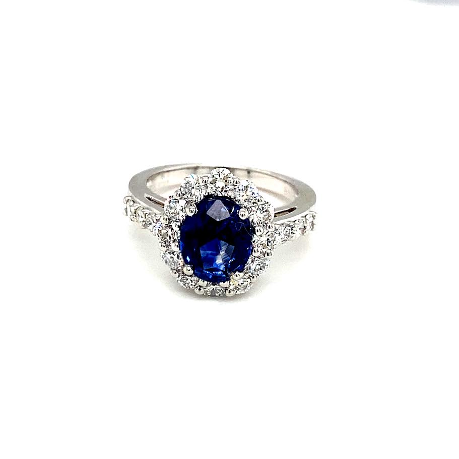 18K WG Oval Blue Sapphire & Diamond Halo Ring by David Kord