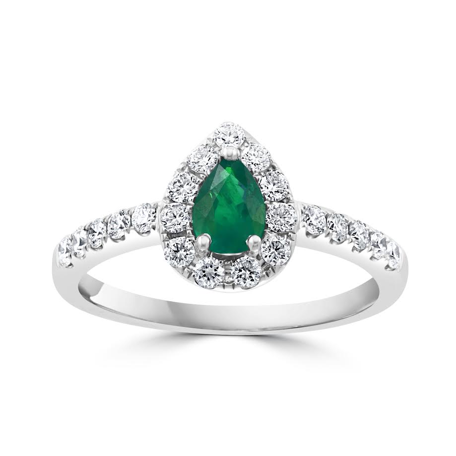 18K YG Pear Shape Emerald & Diamond Halo Ring by David Kord