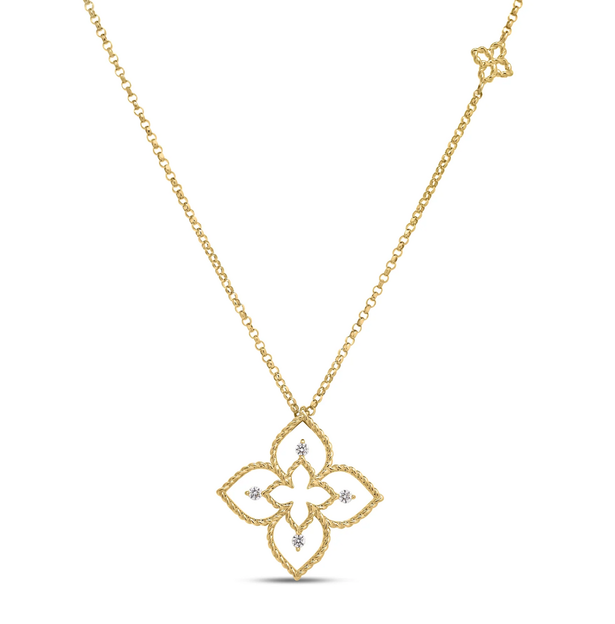 18K Yellow Gold Open Frame Diamond Princess Flower Pendant Necklace by Roberto Coin Main image