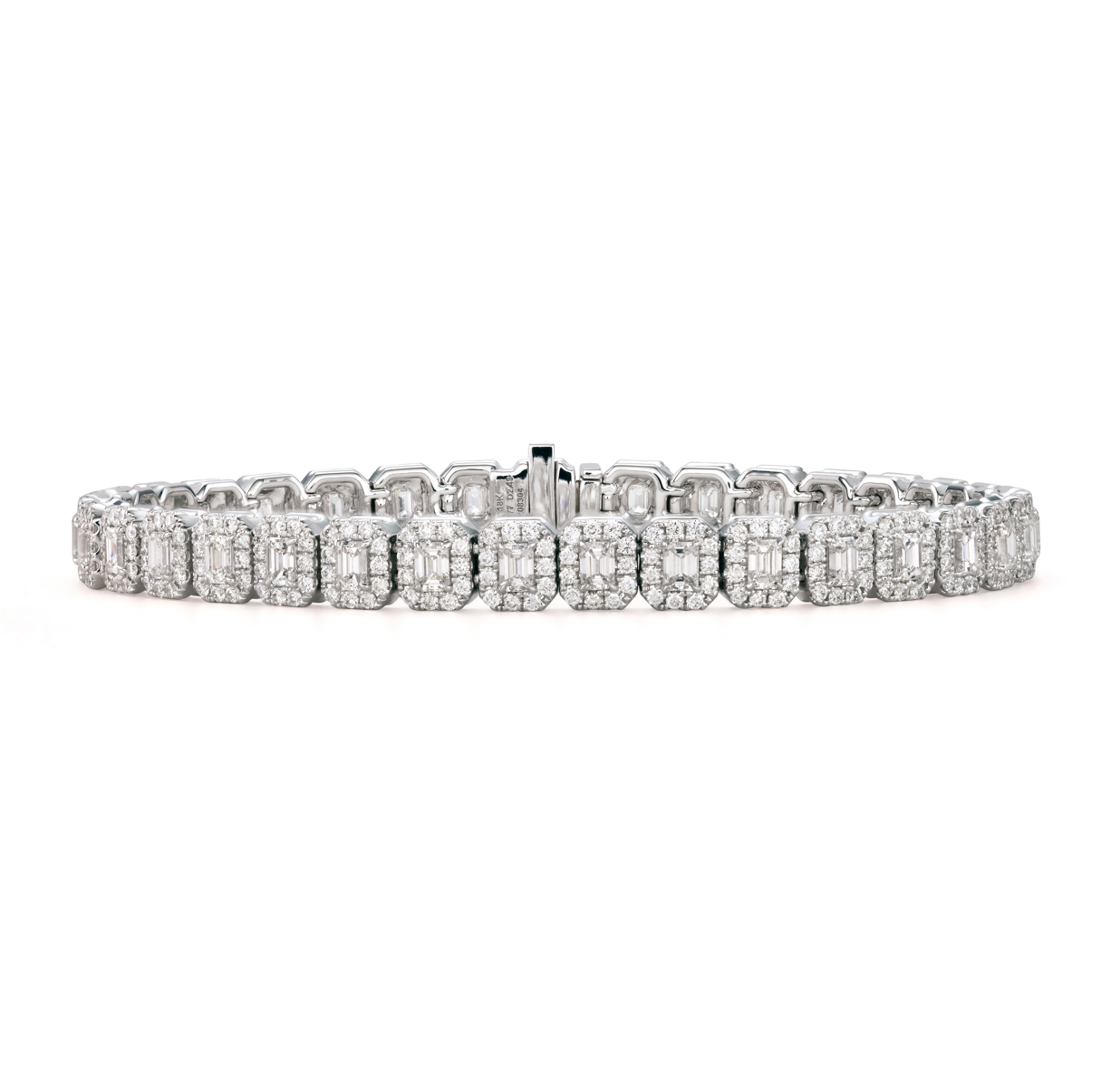 18K White Gold Emerald Cut Diamond Micro Pave Halo Tennis Bracelet by Joshua J Main image
