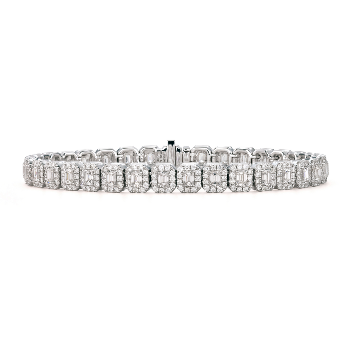 18K White Gold Emerald Cut Diamond Micro Pave Halo Tennis Bracelet by Joshua J