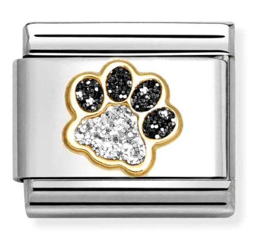 Stainless Steel & 18K Yellow Gold Black & Silver Glitter Paw Charm