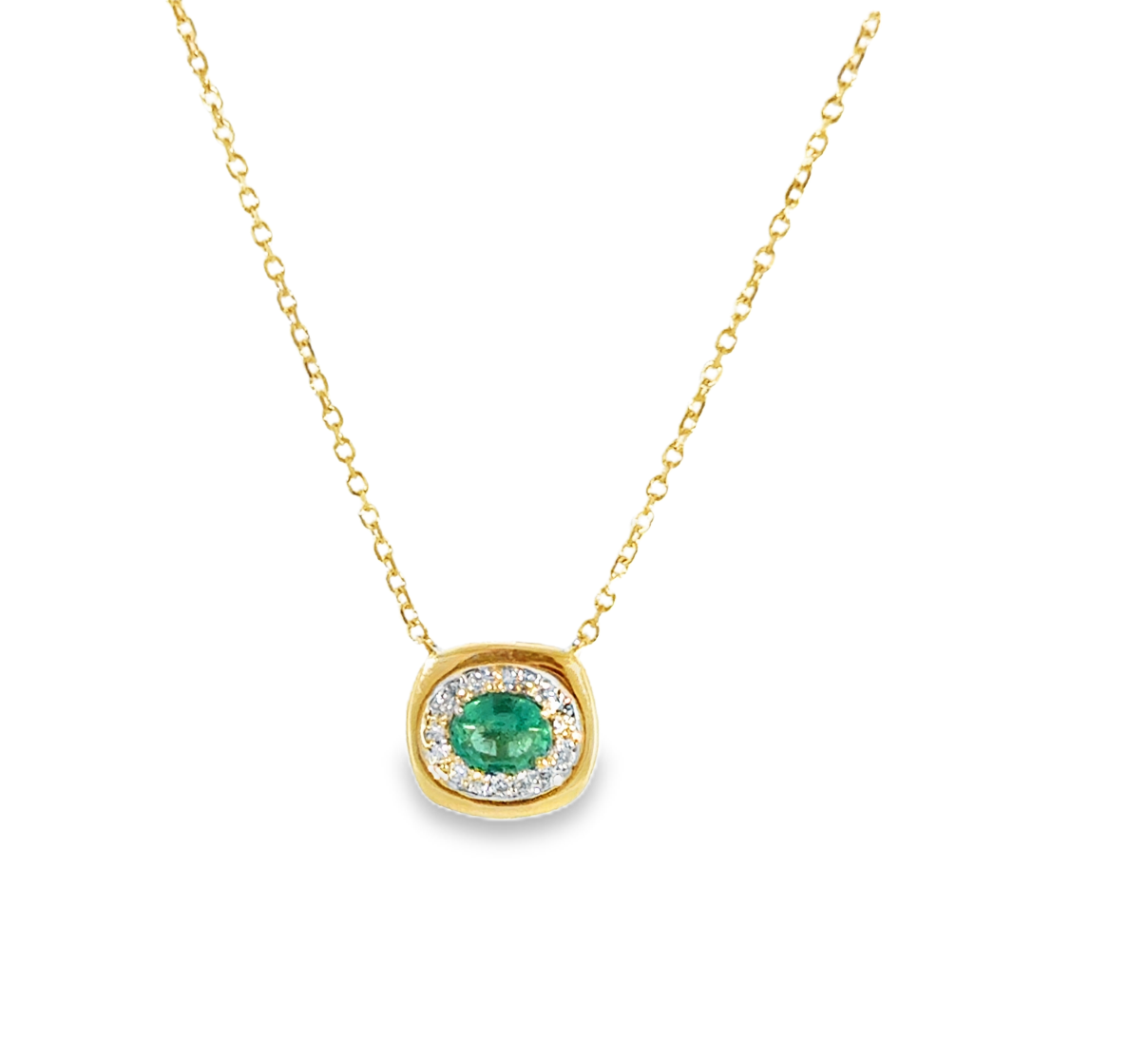 14K Yellow Gold Diamond & Emerald Halo Frame Pendant Necklace