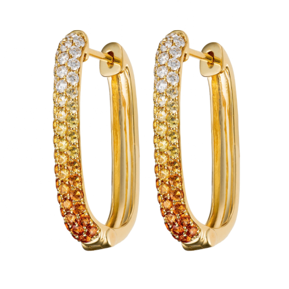18K Yellow Gold Ombre Orange Sapphire & Diamond Square Hoops by David Kord Main image