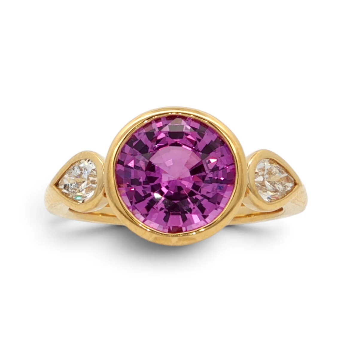 18K Yellow Gold Purple Sapphire & Diamond Bezel Set Three Stone Ring Main image