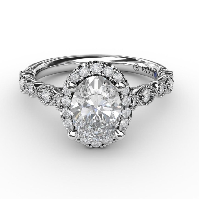 14K WG Oval Diamond Halo & Milgrain Band Semi-Mount by Fana