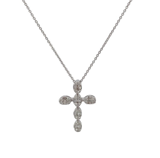 14K WG Diamond Baguette & Round Cluster Cross Pendant Necklace