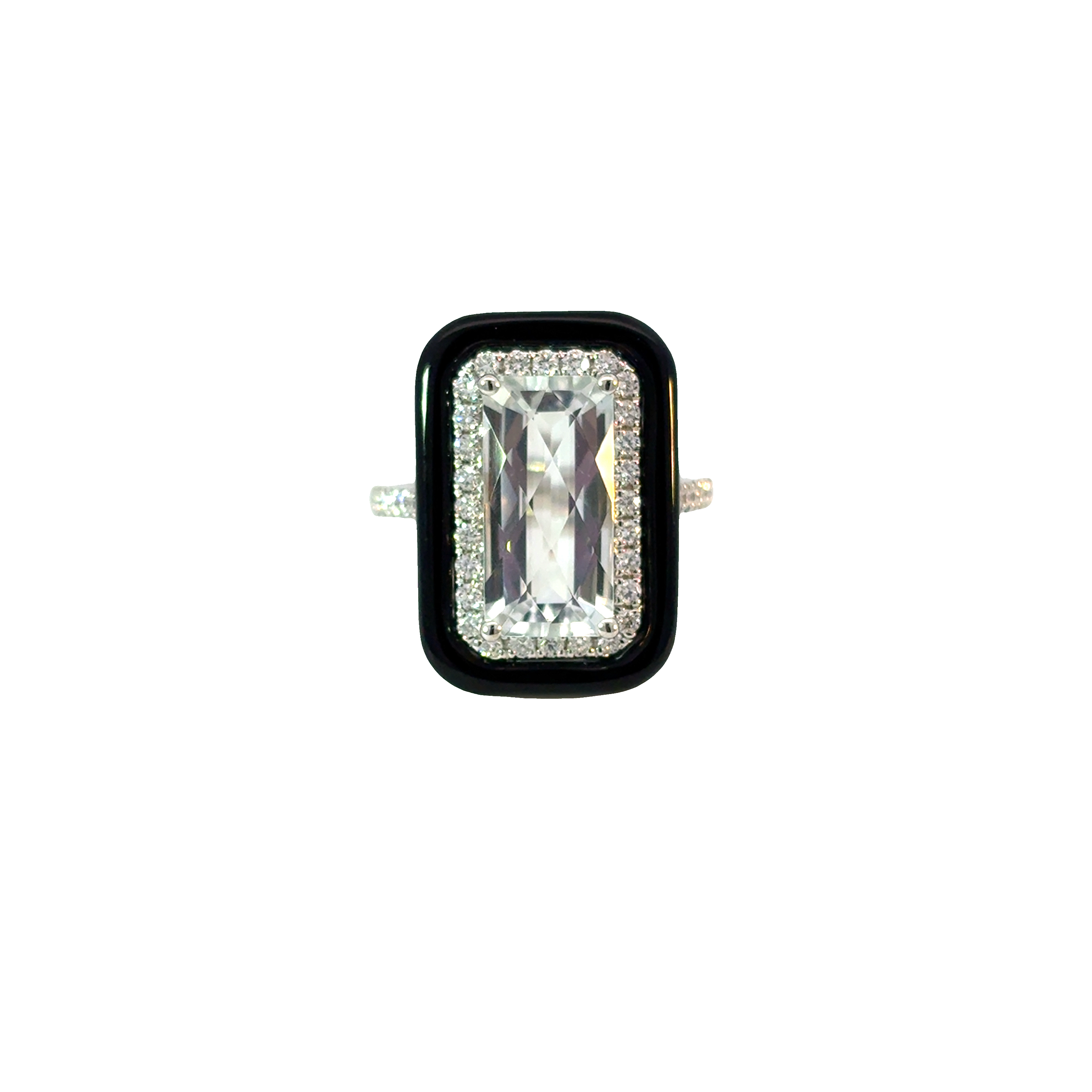 18K WG Cushion Colorless Topaz & Diamond Halo Ring with Black Frame by David Kord