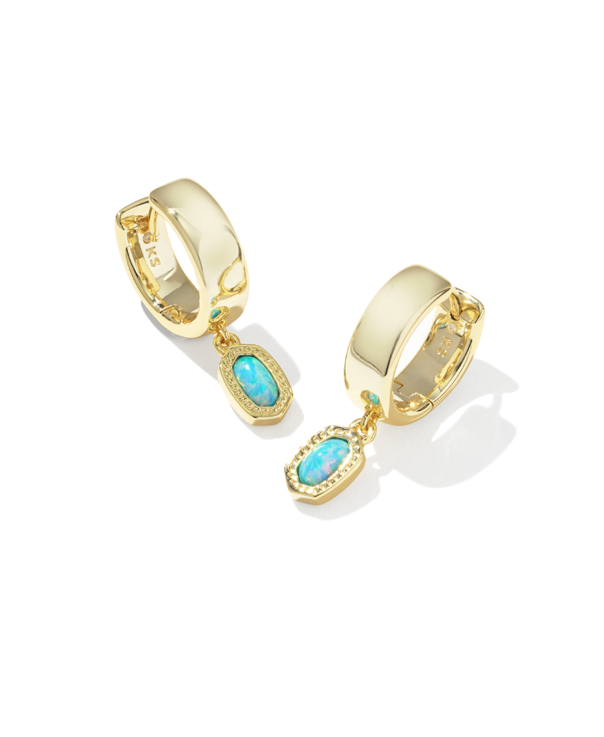 Gold Plated Mini Wide Huggies in Blue Lab Grown Opal by Kendra Scott