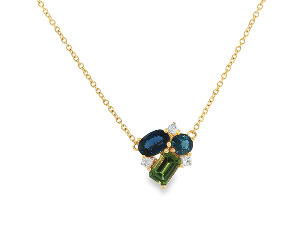 14K Yellow Gold Blue & Green Gemstone Mix Cluster Pendant Necklace Main image