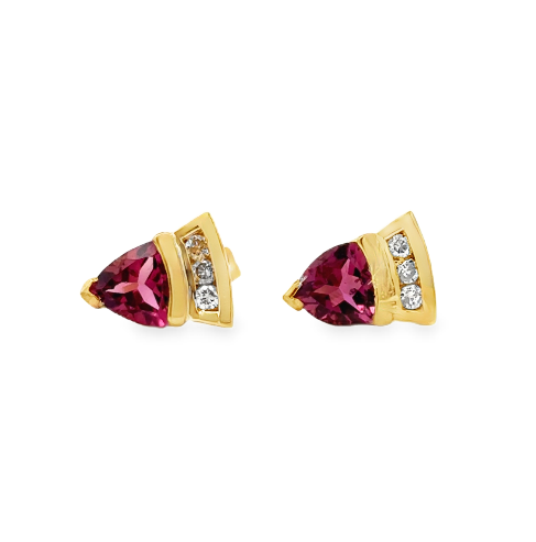 14K YG Trillion Pink Tourmaline & Diamond Studs *Estate Item Sold as is, Final Sale* Main image